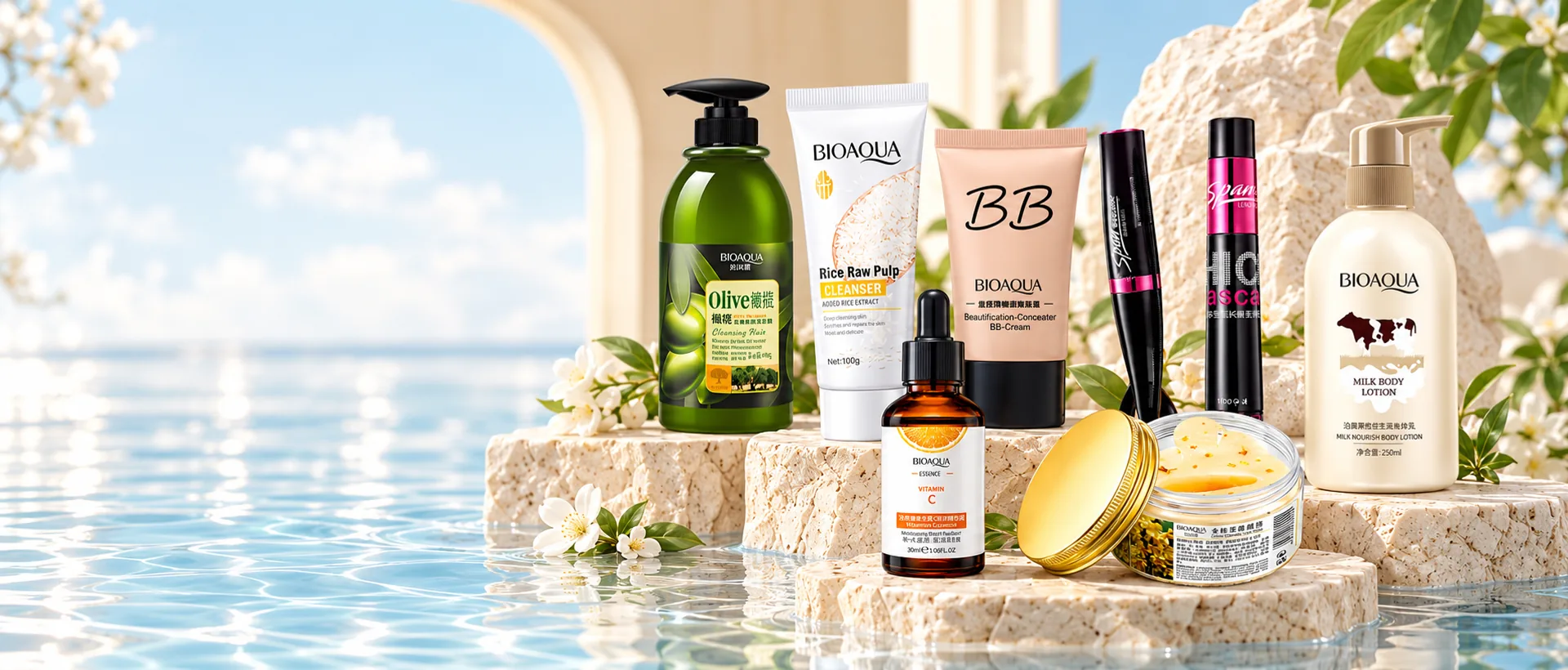BIOAQUA skincare, makeup, hair care and body care products on ivory stone platforms beside aqua water.